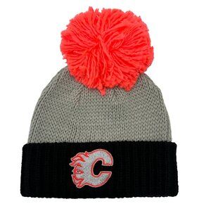 Reebok Unisex OSFA Gray Red Pom Pom Calgary Flames NHL Beanie Hat NWT
